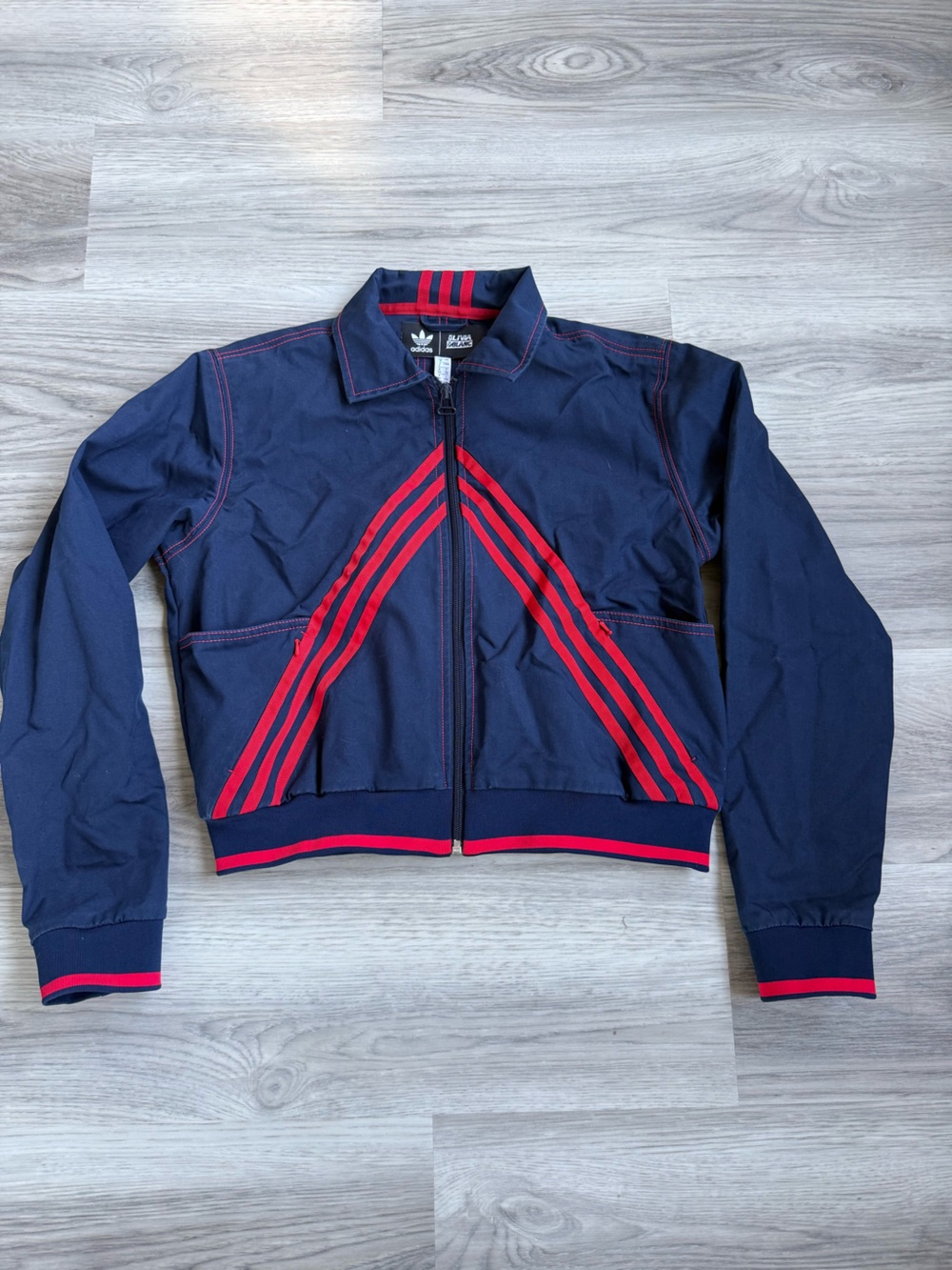 adidas Navy Zip-Up Jean Jacket with Red Stripe Chevrons